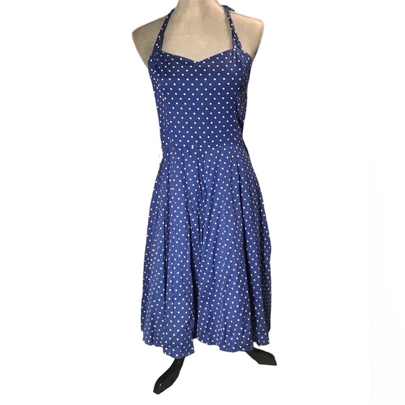 Hearts and Roses Polka Dot Blue n White Halter Dress - Picture 1 of 5